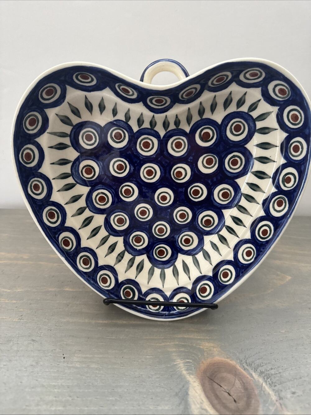 Polish Pottery Heart Shaped Baking/Candy Dish Peacock Pattern Blue